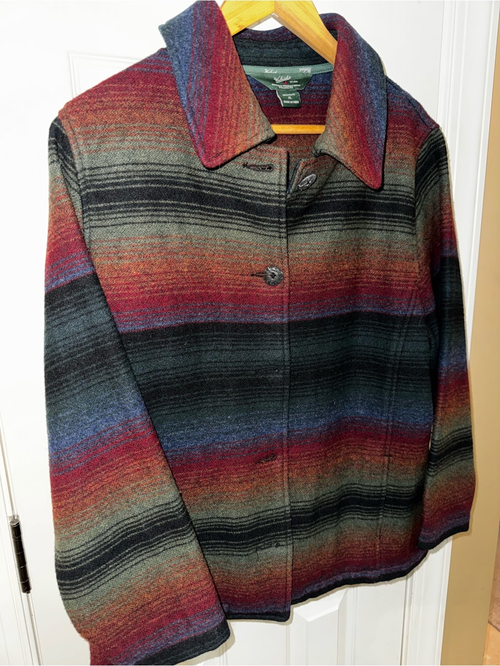 Woolrich Multicolor Striped Wool Pea Coat - Red, Blue, Black - Picture 2 of 8